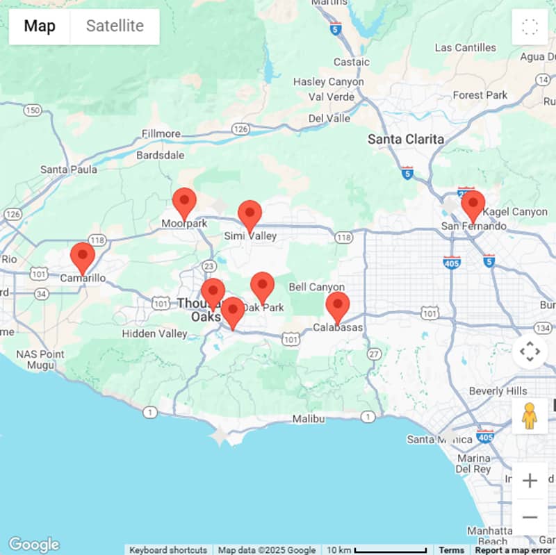 A map of the los angeles area shows several red location markers in the regions of camarillo, thousand oaks, moorpark, simi valley, and nearby cities.